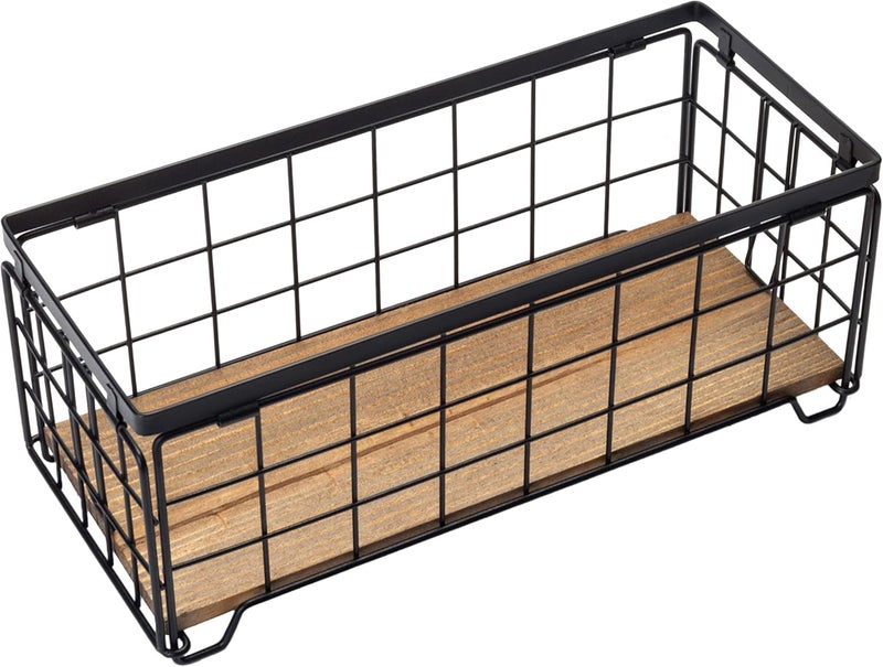 TIEYIPIN Metal Wire Storage Basket, Toilet Paper Roll Holder Wood Base Countertop Decor Box Toilet Tank Shelf Cabinet Organizer for Bathroom Pantry Garage Bedroom Livingroom - Black - Image 1